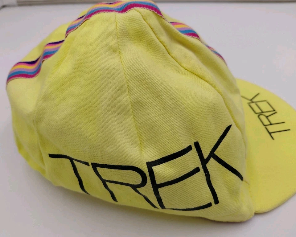 Chapéu de ciclismo vintage Trek anos 70 anos 80 listrado corrida passeio de bicicleta EUA amarelo - Imagem 3 de 4