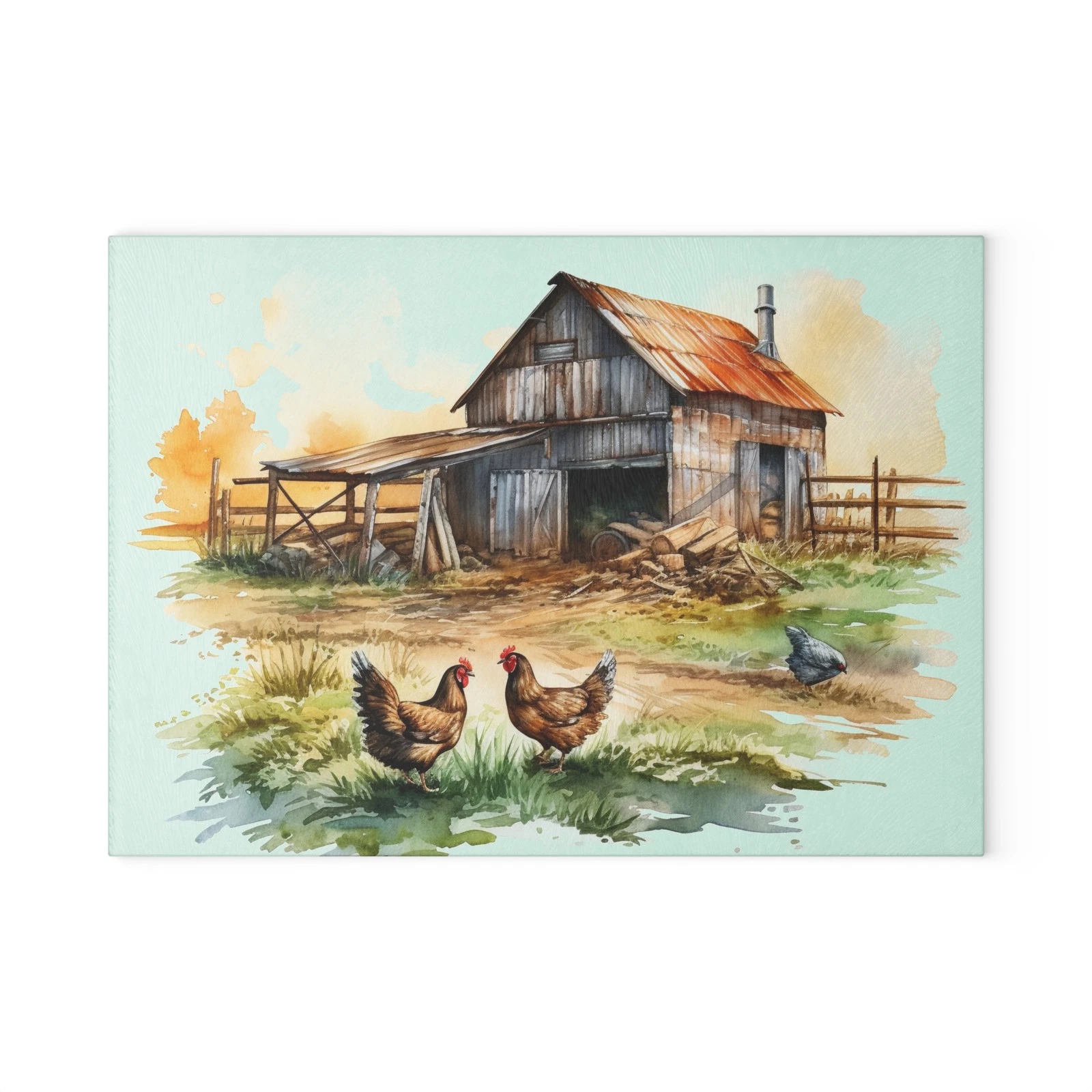 Chickens Farm & Barn Glass Cutting Board, Kitchen Decor Custom Cooking