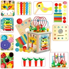 Toddlers Montessori Wooden Educational Toys, Wooden Baby Activity Cube,10 in ...