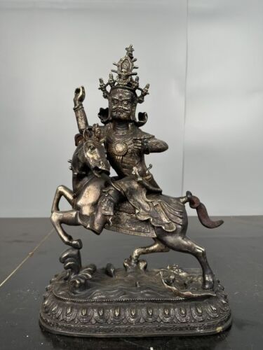 16 Zoll Tibetische Bronze Silber König Gesar Reiten Mahakala Zornige Gottheit Statue