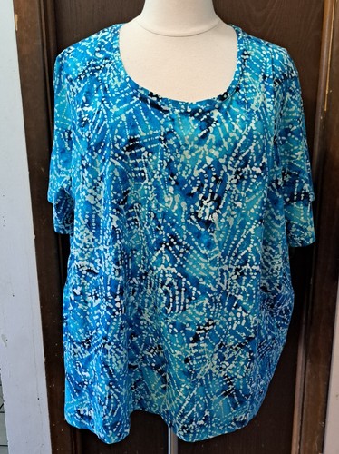 Catherines Blouse Size 4X 30 32 W Blue Scoop Neck Short Sleeve Patterned New