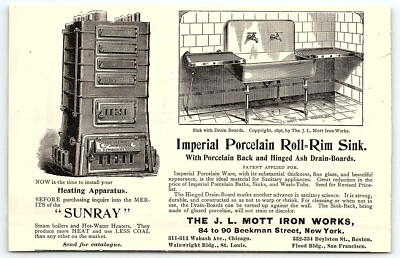 c1900 JL MOTT IRON WORKS SUNRAY HEATERS IMPERIAL SINK ADVERTISING PRINT AD Z6188