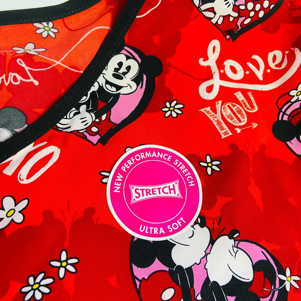 Disney Scrub Top Women 3XL Mickey Minnie Mouse Hearts Kiss Me Love You Valentine - Image 3 of 4