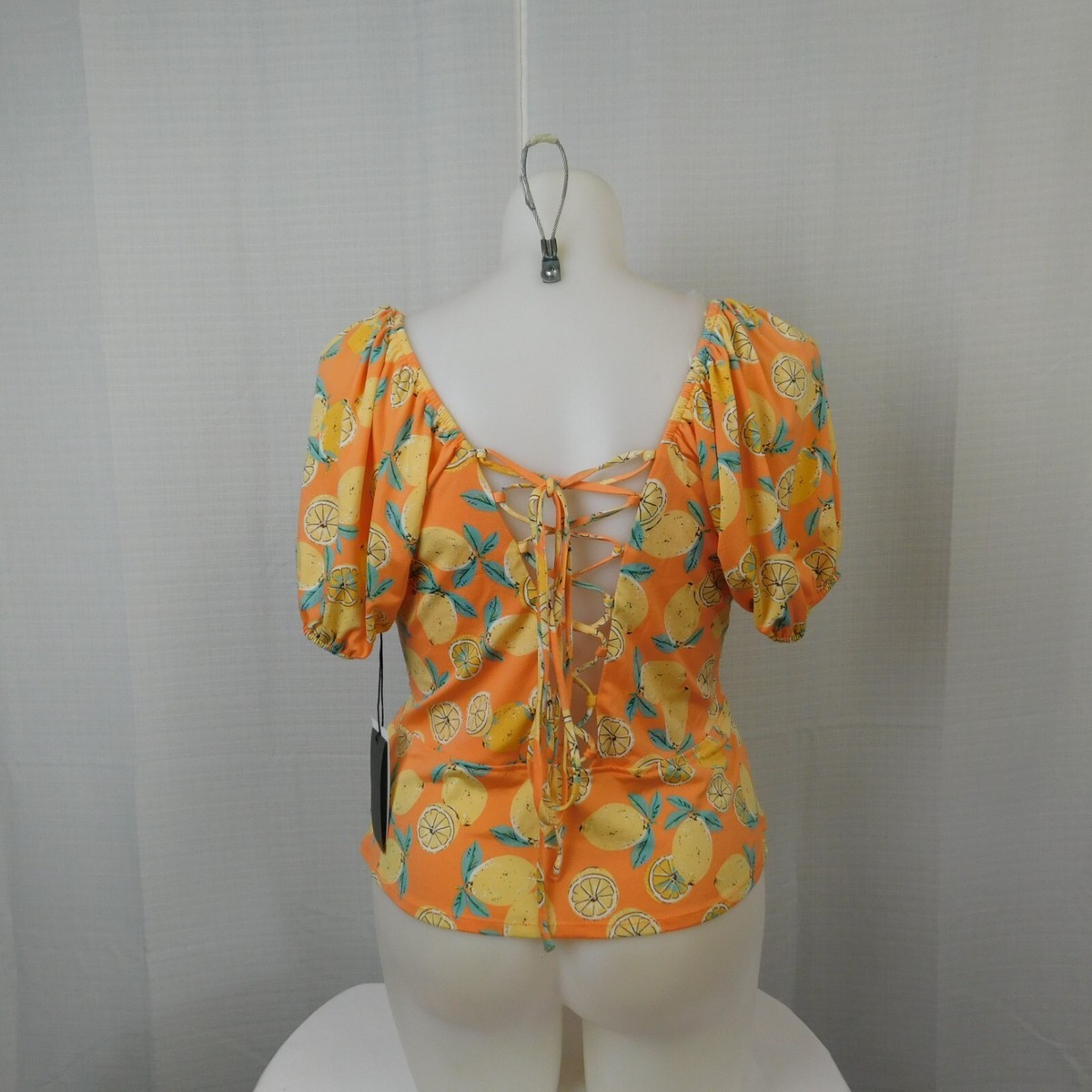 Lily White Puff Sleeve Ruched Square Neck Lace-Up Top 1X, Lemon 