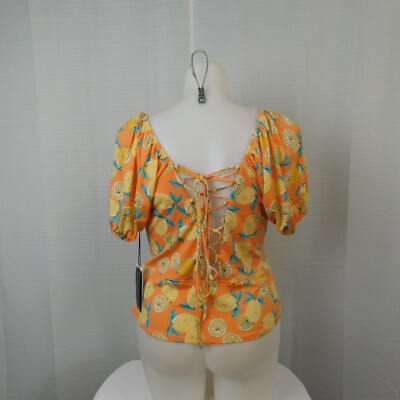 Lily White Puff Sleeve Ruched Square Neck Lace-Up Top 1X, Lemon Print #6981