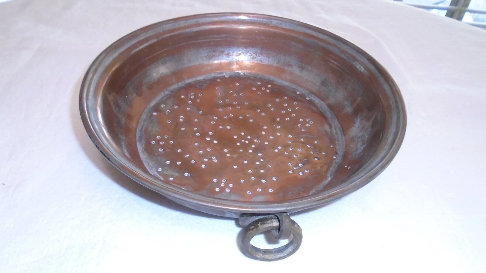 Antique Strainer 1800's Copper Tin Lined Primitive RARE Colander Large Hang Ring