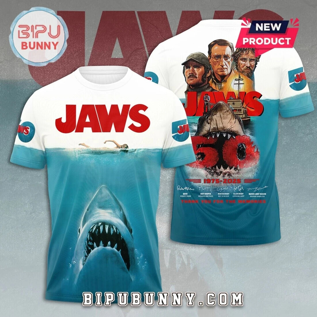 Jaws 50Th Anniversary 1975-2025 3D All Over Printed T-Shirt For Fans