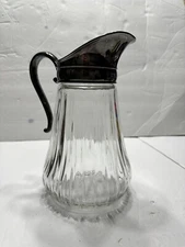 Vintage Ribbed Glass Pitcher with Silver plate spout 9 in Cross Sign