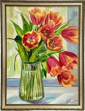 Original Oil Painting Red Tulips Flowers Wildflower Still life ART FRAMED
