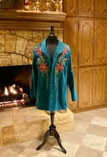 “bob Mackie’s” Embroidered Fleece Jacket With Quilted Collar Sz L Fabulous!!!