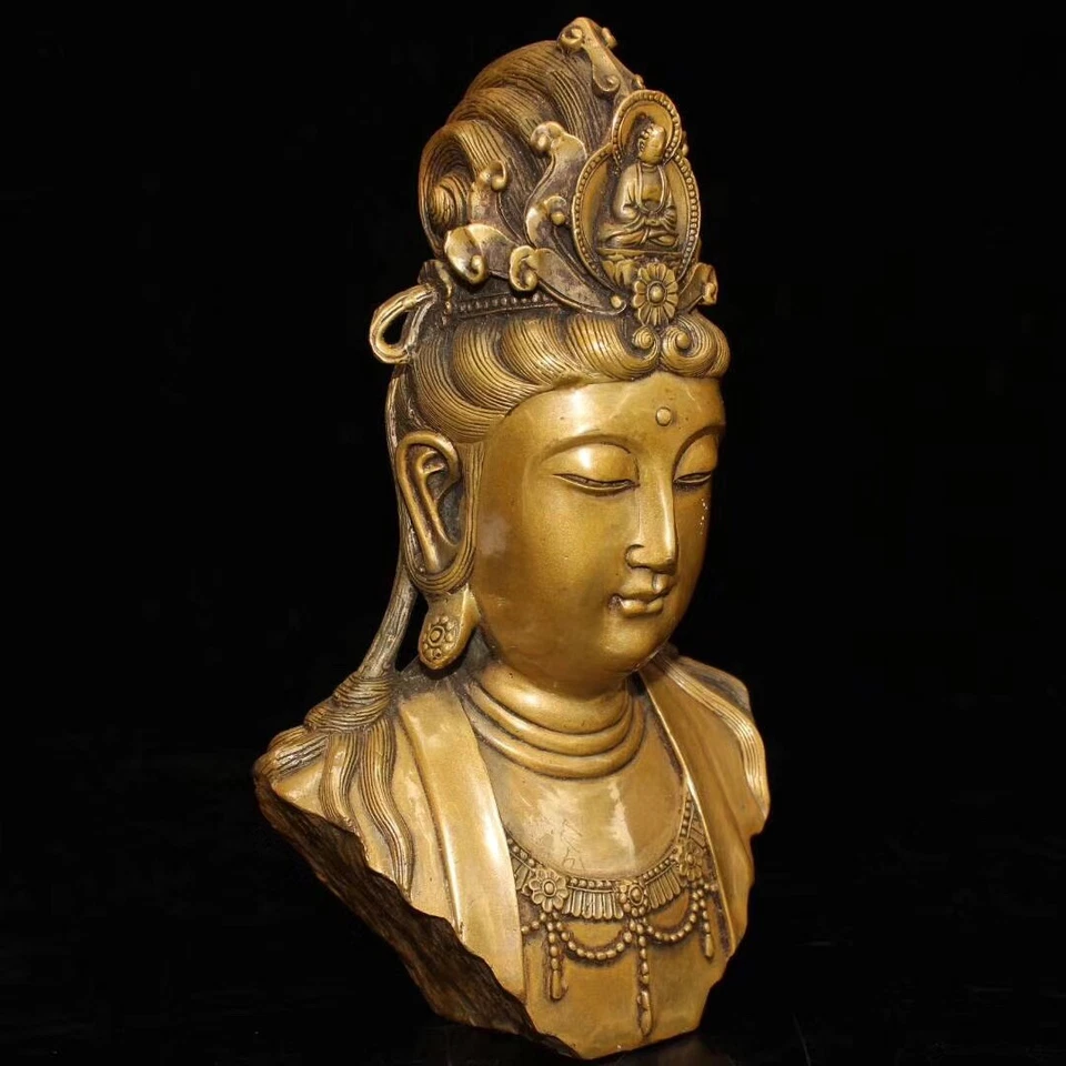 8.4" China Antique Buddha Statue Brass Kwan-yin head Old Bronze Statue - Image 2 of 4