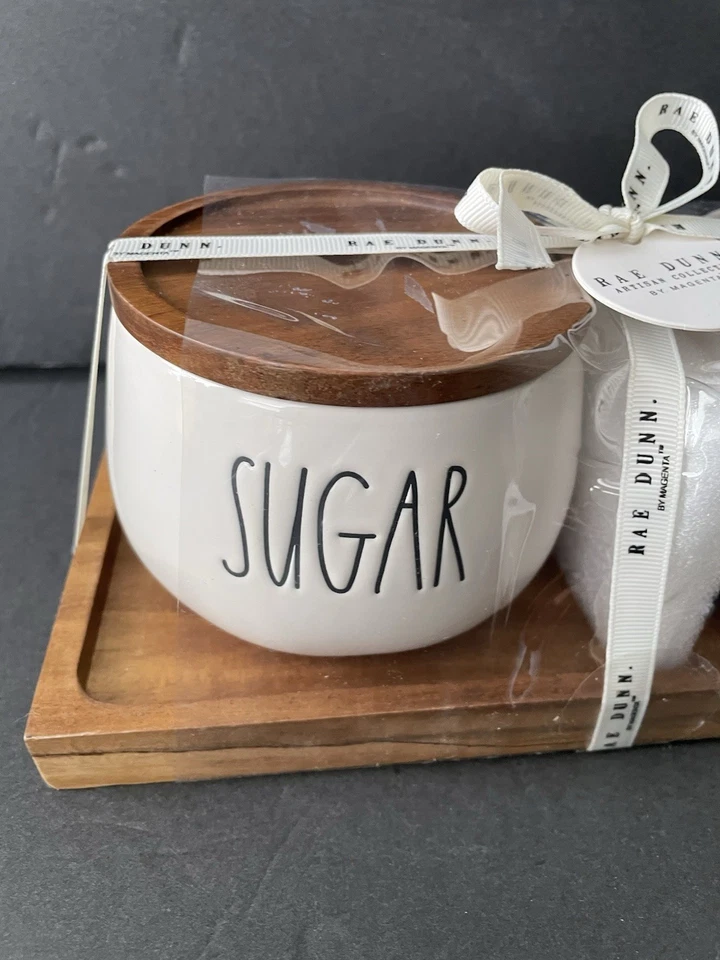 New Rae Dunn Sugar & Cream Set Wood Tray Holder Sugar W/Wood Lid Farmhouse Gift! - Image 2 of 4