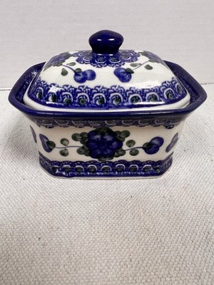 Polish Pottery CakeSalt BoxCeramika Artystyczna Cobalt  Blue Poppies