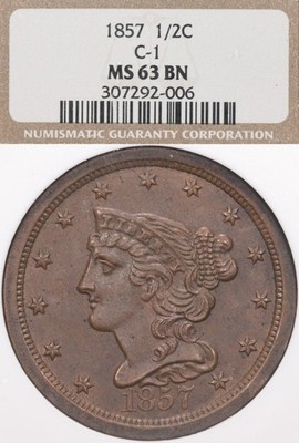 1857 1/2C NGC MS 63 BN Braided Hair Half Cent Coin Early Copper