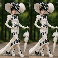 Vintage Victorian Gothic Evening Gown Lace Long-Sleeve Dress Black-and-White