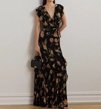 Ralph Lauren Floral Cascading Ruffle Trim Georgette Dress Gown A Line Women 18