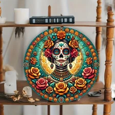 Sugar Skull Lady Round Sign - Day of the Dead Theme Decor