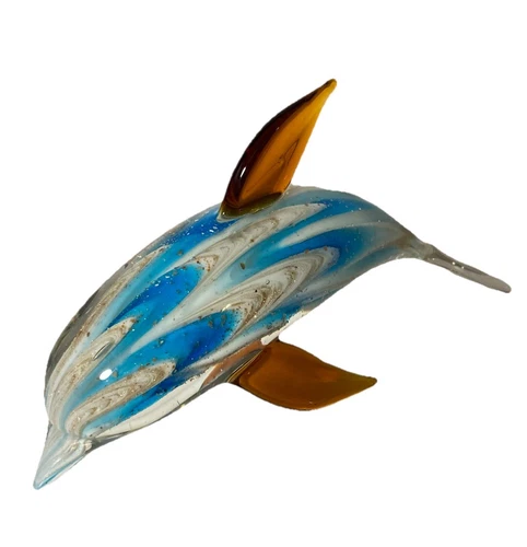 MURANO GLASS Sommerso Technique Vtg Art Glass 9” Dolphin Figure-Blue/Clear/Amber