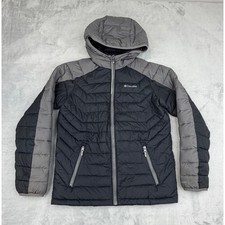 Columbia Kids Puffer Jacket OmniHeat Large 14/16 Black Grey Hooded Quilted Coat