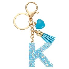 Initial Letter Keychains, Resin Cute Pendant with Heart  Tassel, Blue-K
