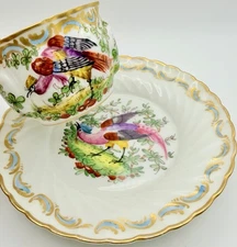 Antique Painted Chelsea Bird Demitasse Cup & Saucer Anchor Mark England c.1765