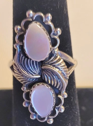Sterling Silver 925 Pearl Pink Inset Teardrop Statement Cocktail Rng, VTG Size 7