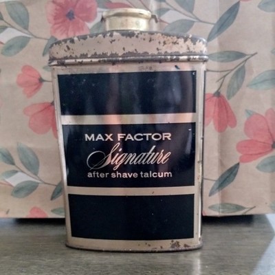 Vintage Max Factor Signature After Shave Talcum Tin 3 oz Shaker Top Collectible