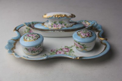 Antique D & C France Hand Painted Floral Gold Gilt Porcelain Desk Set Read!