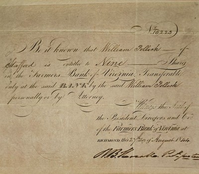 1844 Farmers Bank of Virginia Stock Certificate   William Pollock Slaveholder VA