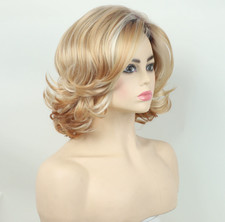 Short Fluffy Wavy Blonde Mix Synthetic Hair Wigs Women Soft Natural Daily