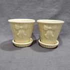 Vtg Shawnee Planter Bow Knot Pair Ribbed Relief Yellow USA Pottery Cottage Decor