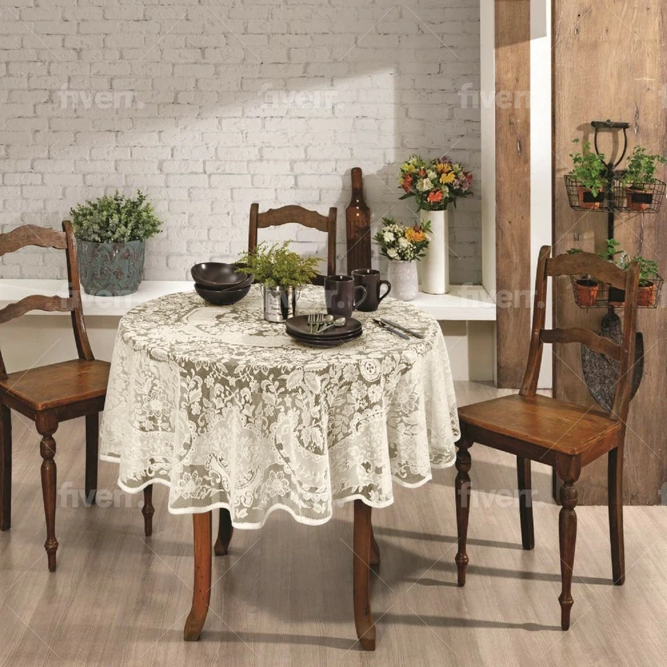 Toalha de mesa de renda redonda de 60 polegadas com design floral. 2 cores - Branco e cru/bege - Imagem 3 de 4