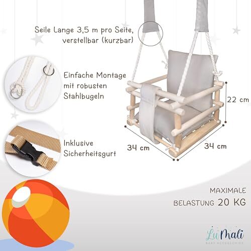 Holz Babyschaukel Indoor 3in1 – Kinderschaukel mit Kissen und Sicherheitsgurt - Bild 32 von 57