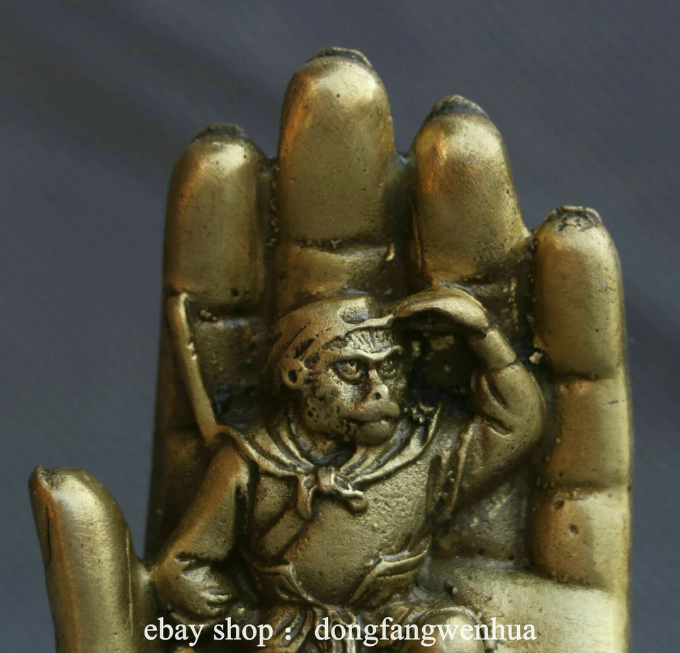 4" Chinese China Bronze Myth Handsome Monkey King Sun Wukong Buddha Hand Statue - Image 2 of 4