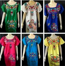 Mujer XS-XXXL Mexicano Folklórico Tehuacán Puebla Vestido Túnica Floral Bordado