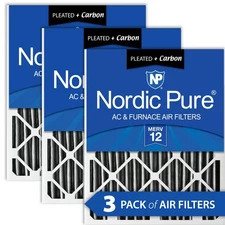 Nordic Pure 16x25x2 Furnace Air Filters MERV 12 Pleated Plus Carbon 3 Pack