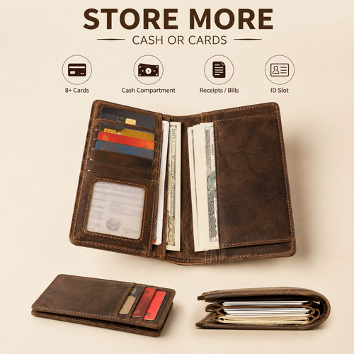 Genuine Cowhide Leather Mens Long Bifold Wallet Card Holder Cash Purse Brown