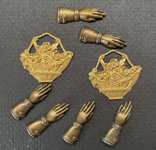 Vintage Messing Handarbeit Schmuck Verzierungen viktorianischer Stil Hände Blumenkörbe - Bild 1 von 3