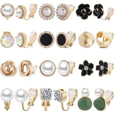 12 Pairs Clip-On Earrings for Women Cute Crystal Pearl Non