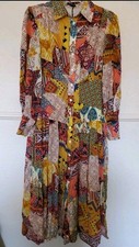 MOTF Women's XS Patchwork Bohemian Tiered Midi Dress Long Sleeve Button Front