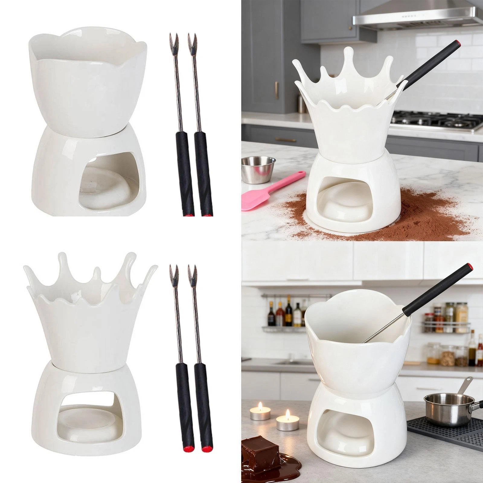 Chocolate Fondue Pot Ceramic Butter Warmer with 2 Forks Wax Melt Pot for Dinner