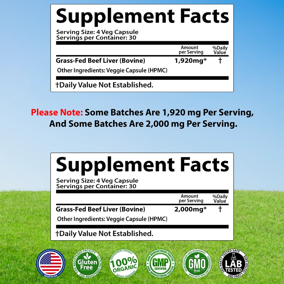 Cápsulas de hígado de res desecada, certificadas 100 % alimentadas con pasto sin grasa 120 cápsulas Foto 2 de 4