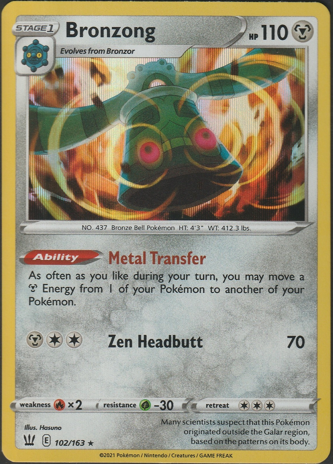 Bronzong 102/163 Holo Rare - Pokemon SWSH05: Battle Styles LP