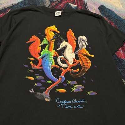 Vintage 90s Seahorse Dolphin Shirt Black Men's XL Big Print Ocean Nature Horse