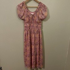 Lauren Conrad Pink Floral Midi Dress Puff Sleeves Milkmaid Wedding Guest Size XS