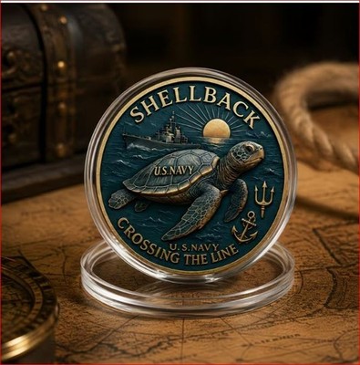 US Navy Shellback Challenge Coin-2D-Gold Colored-Crossing Equator-Flat-Matte