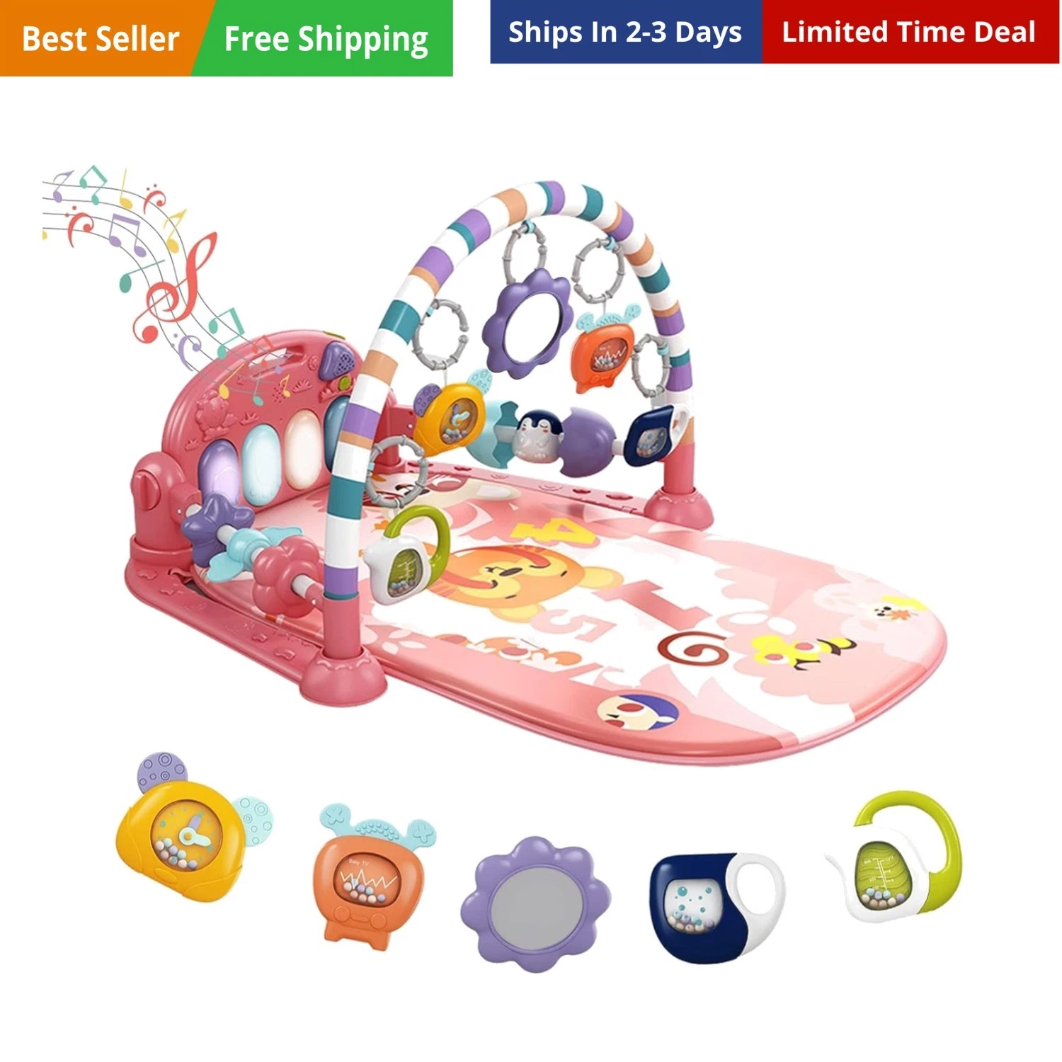 Baby Play Mat Gym, Funny Play Piano Tummy Time Activity Mat with 5 Infant Sen...