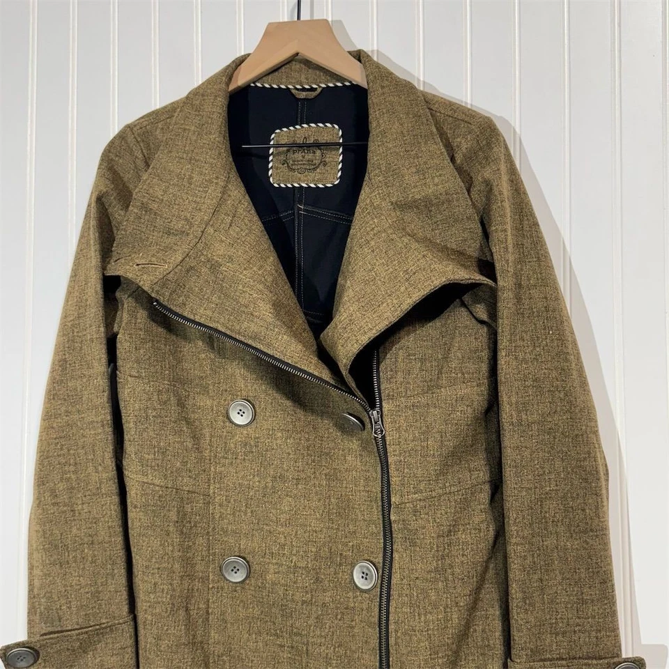Abrigo para mujer prAna mediano marrón oliva cremallera asimétrica gabardina chaqueta chaquetón Foto 2 de 4