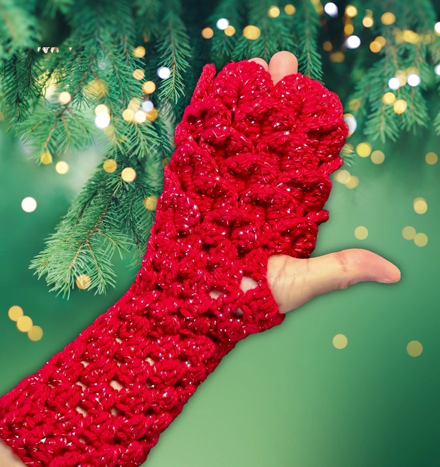 Guantes sin dedos escala dragón ganchillo, guantes sirena rojo brillante Foto 2 de 4