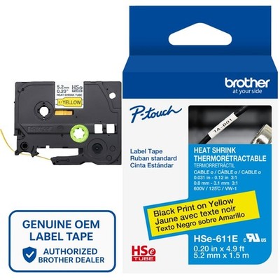 Genuine Brother HSe-611E Black on Yellow 3:1 Heat Shrink Tube 0.2'' (AWG 16-24)